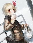  alternate_costume bag baozi blonde_hair food hair_ribbon highres jacket long_sleeves looking_at_viewer red_eyes revision ribbon rumia scarf shopping_bag shoulder_bag smile snowing solo spark621 touhou winter_clothes 