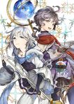  :d ahoge back-to-back bangs belt blue_eyes braid bridal_gauntlets cape colored_eyelashes cowboy_shot flask floating floating_object from_side gloves granblue_fantasy grey_hair grin hair_ribbon johann_(granblue_fantasy) leaning_forward looking_at_viewer looking_back low_ponytail mikurou_(nayuta) multiple_boys noa_(granblue_fantasy) open_mouth orange_eyes orb ponytail potion ribbon robe scarf side_braid silver_hair simple_background sleeve_cuffs smile staff standing star turtleneck wavy_hair white_background 