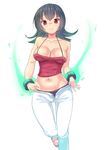  bare_arms bare_shoulders black_hair black_panties bracelet breasts collarbone feet_out_of_frame glowing grin jewelry kazo large_breasts long_hair looking_at_viewer midriff natsume_(pokemon) navel open_fly open_pants panties pants pink_footwear pokemon pokemon_(game) pokemon_hgss purple_hair red_eyes red_shirt shirt shoes smile solo striped striped_panties underwear unzipped white_pants 