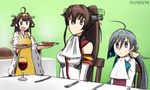  &gt;:) :d ahoge apron brown_eyes brown_hair detached_sleeves hairband hamu_koutarou kantai_collection kiyoshimo_(kantai_collection) kongou_(kantai_collection) long_hair low_twintails multiple_girls nontraditional_miko open_mouth ponytail school_uniform silver_eyes silver_hair smile sparkle twintails v-shaped_eyebrows yamato_(kantai_collection) 
