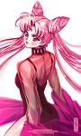  bishoujo_senshi_sailor_moon black_lady blush_stickers chibi_usa collar crescent double_bun facial_mark forehead_mark from_behind long_hair off_shoulder older pink_hair red_eyes see-through shawl solo studded_collar tholia twintails very_long_hair 
