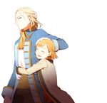  1girl blonde_hair blue_eyes calie_fida closed_eyes eduard_rause highres hug hug_from_behind orange_hair ryuuketsu_megamiden sarai smile 