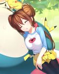  black_legwear blush breast_press breasts brown_hair closed_eyes double_bun gen_1_pokemon highres large_breasts long_hair mei_(pokemon) open_mouth pantyhose pikachu pokemon pokemon_(creature) pokemon_(game) pokemon_bw2 raglan_sleeves ririko_(zhuoyandesailaer) shorts sitting sleeping snorlax solo_focus twintails 