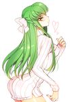  ass blush bow breasts c.c. clothes_pull code_geass creayus green_hair hair_bow heart long_hair medium_breasts meme_attire open-chest_sweater open_mouth ribbed_sweater simple_background solo sweater sweater_pull yellow_eyes 