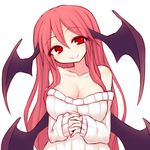  :&gt; bare_shoulders breasts cleavage collarbone demon_wings hands_clasped head_wings koakuma kuresento large_breasts long_hair off_shoulder own_hands_together red_eyes red_hair ribbed_sweater solo sweater touhou white_background wings 
