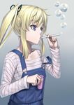  blonde_hair blue_eyes bubble bubble_blowing drinking_straw flat_chest h_kasei hair_ribbon long_sleeves original overalls ribbon shirt short_hair solo strap_slip striped striped_shirt suspenders twintails 