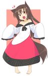  :d animal_ears bad_id bad_twitter_id barefoot brown_eyes brown_hair dress flat_chest frilled_sleeves frills heart highres imaizumi_kagerou kazawa_(tonzura-d) long_hair off_shoulder open_mouth oversized_clothes pigeon-toed sleeves_past_fingers sleeves_past_wrists smile solo tail touhou wolf_ears wolf_tail 