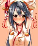  absurdres armpits arms_behind_head arms_up blush breasts brown_eyes choker detached_sleeves grey_hair hair_ornament hairband hairclip haruna_(kantai_collection) highres kantai_collection large_breasts long_hair looking_at_viewer nontraditional_miko parted_lips ribbon-trimmed_sleeves ribbon_trim solo sweat translated tsukui_kachou 