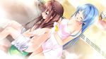  1boy 1girl bath bathroom bathtub blue_hair blush braid breasts brown_hair bubble bubbles bucket cleavage eyes_closed game_cg highres kimishima_ao kneeling large_breasts legs long_hair mitsu_king mixed_bathing navel ninomiya_mikoto nude open_mouth otome_ga_kanaderu_koi_no_aria red_eyes sitting sponge steam thighs towel trap tsukahara_izumi washing water wet zinno 