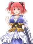  :3 :d absurdres animal_ears arm_cannon blush breasts cat_ears cleavage coin fist_pump highres hiro_(pqtks113) japanese_clothes kimono large_breasts looking_at_viewer obi onozuka_komachi open_mouth red_eyes red_hair sash smile solo touhou two_side_up weapon 