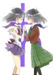  back_bow bad_id bad_pixiv_id bishoujo_senshi_sailor_moon black_hair bow brown_bow closed_eyes dual_persona from_side green_skirt holding_hands long_skirt miniskirt mugen_gakuen_school_uniform multiple_girls pantyhose plaid plaid_skirt purple_sailor_collar purple_skirt sailor_collar sailor_saturn sailor_senshi_uniform saturn_symbol school_uniform serafuku short_hair skirt time_paradox tktn tomoe_hotaru white_background 