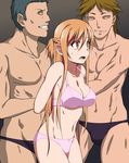  1girl 2boys arm_grab arms_behind_back asuna_(sao) bra breasts cleavage forced gangbang group_sex highres imminent_rape large_breasts legs long_hair looking_away multiple_boys navel orange_eyes orange_hair panties pink_bra pink_panties puge simple_background smile standing sword_art_online thighs threesome underwear wide-eyed 