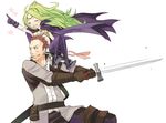  1girl brown_hair cape closed_eyes fire_emblem fire_emblem:_kakusei gloves green_hair grego hozumi_riya long_hair mamkute nono_(fire_emblem) pointing short_hair sitting_on_shoulder smile sword weapon 