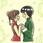  1boy 1girl bandaged_arm black_hair blush bowl_cut brown_hair china_dress chinese_clothes double_bun dress hand_holding looking_at_another naruto rock_lee shiwo_(siwosi) tenten 