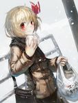  alternate_costume bad_id bad_pixiv_id bag baozi blonde_hair food hair_ribbon highres jacket long_sleeves looking_at_viewer red_eyes ribbon rumia scarf shopping_bag shoulder_bag smile snowing solo spark621 touhou winter_clothes 