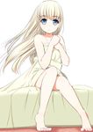  bare_shoulders barefoot bed bed_sheet blonde_hair blue_eyes eyebrows_visible_through_hair feet full_body long_hair matsunaga_kouyou naked_sheet nude original sitting solo toes white_background 