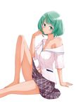  aqua_eyes character_request green_hair highres off_shoulder short_hair simple_background sitting skirt smile solo tadashii_kodomo_no_tsukuri_kata! toto._(nahanahasai) white_background 