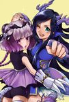  :o ;d ass bare_shoulders bat_wings black_hair blue_dress blue_eyes blush braid cat_hair_ornament china_dress chinese_clothes claws double_bun dragon_girl dragon_horns dress fingerless_gloves gloves hair_ornament haku_(p&amp;d) head_fins holding_hands horns interlocked_fingers karin_(p&amp;d) long_hair multicolored_hair multiple_girls one_eye_closed open_mouth purple_eyes purple_hair puzzle_&amp;_dragons rabuka ribbon simple_background smile sparkle tail tail_ribbon thighhighs tiger_tail twin_braids two-tone_hair white_hair wings yellow_background 