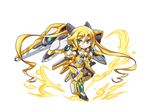  armor armored_boots blonde_hair boots chibi energy full_body gloves greaves green_eyes hand_on_hip kubotami leotard long_hair mecha_musume ore_twintail_ni_narimasu pose smile solo tailyellow thighhighs twintails white_background 