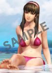  1girl barefoot bikini breasts dead_or_alive dead_or_alive_5 feet headband hitomi_(doa) large_breasts long_hair official_art smile solo sweat swimsuit toes 