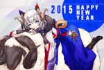  2015 blue_eyes happy_new_year horns long_hair looking_at_viewer lying neco new_year on_stomach original riding sheep sheep_horns silver_hair 