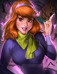  1girl bat bats bust daphne_ann_blake eyeshadow hairband heart lipstick makeup nail_polish orange_hair pink_lipstick purple_eyes sakimichan scarf scoobert_doo scooby-doo scooby-doo_(character) smile sparkle sparkles upper_body watermark 