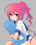  hinase_kei i-168_(kantai_collection) kantai_collection long_hair pillow pillow_hug ponytail protected_link red_eyes red_hair school_swimsuit solo swimsuit uniform 