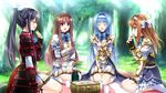  1boy 3girls armor basket blue_hair braid brown_hair crossdressing cup eating eyes_closed food forest game_cg grass hair_ribbon hairband happy highres kidou_kaede kimishima_ao kneeling legs long_hair mitsu_king multiple_girls nature ninomiya_mikoto open_mouth orange_hair otome_ga_kanaderu_koi_no_aria picnic ponytail purple_hair red_eyes ribbon sandwich skirt smile socks sunlight thighs trap tree trees tsukahara_izumi yukishiro_kotori zinno 