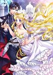  1girl armor back_bow bare_shoulders bishoujo_senshi_sailor_moon black_hair blonde_hair blue_eyes bow cape castle chiba_mamoru couple double_bun dress dress_lift endymion flower hair_flower hair_ornament hetero holding_hands long_hair pants princess_serenity smile tomomiya tsukino_usagi twintails white_dress 