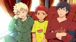  bacchikoi! black_hair blonde_hair brown_eyes bus child drooling eyes_closed hood hoodie kanada_toshu looking_at_viewer male_focus mikkoukun motor_vehicle multiple_boys nakahara_masaharu red_eyes red_hair saliva shirt short_hair sitting sleeping t-shirt yanai_ichiru 