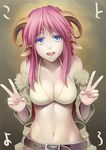  440 :d bare_shoulders belt bikini_top blue_eyes breasts cleavage double_v horns large_breasts long_hair looking_at_viewer nail_polish navel open_mouth original pink_hair sheep_horns smile solo stomach strap_gap v 