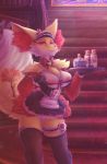  2019 anthro breasts canid canine clothing delphox detailed_background dimwitdog female fur legwear lingerie looking_at_viewer mammal nintendo pok&eacute;mon pok&eacute;mon_(species) pussy pussy_juice red_eyes smile solo standing stockings video_games yellow_fur 