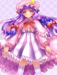  bad_id bad_pixiv_id banned_artist breasts capelet cleavage coat crescent dress hair_ribbon hat highres long_hair long_sleeves looking_at_viewer medium_breasts mob_cap open_clothes open_coat over-kneehighs patchouli_knowledge purple_eyes purple_hair ribbon solo striped striped_dress thighhighs touhou tress_ribbon tsukiriran very_long_hair white_legwear zettai_ryouiki 