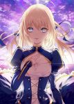  1girl artoria_pendragon_(all) bangs blonde_hair blue_dress blush cloud cloudy_sky collarbone commentary_request dress eyebrows_visible_through_hair fate/stay_night fate_(series) fingernails hair_between_eyes hand_on_own_chest hand_up horizon juliet_sleeves kinokohime long_hair long_sleeves looking_at_viewer ocean outdoors parted_lips puffy_sleeves purple_eyes purple_sky saber sky solo upper_body water 