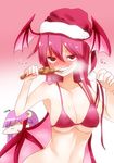  bat_wings blush bottomless bra breasts chibi commentary_request crescent crescent_hair_ornament eating food hair_ornament hat head_wings highres koakuma large_breasts long_hair looking_at_viewer low_wings meat multiple_girls navel no_hat no_headwear patchouli_knowledge red_bra red_eyes red_hair santa_hat takorice touhou translation_request triangle_mouth underwear wings 