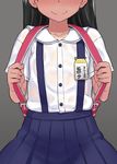  774_(nanashi) backpack bad_id bad_pixiv_id bag black_hair blush head_out_of_frame long_hair name_tag original randoseru school_uniform smile solo suspenders 