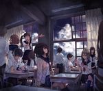  6+girls black_eyes black_hair brown_eyes brown_hair cardigan classroom glasses headphones long_hair multiple_boys multiple_girls music open_cardigan open_clothes open_mouth original pleated_skirt school_uniform serafuku short_hair singing sitting skirt twintails yasukura_(shibu11) 