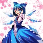  bad_id bad_pixiv_id blue_dress blue_eyes blue_hair bow cirno dress fang hair_bow highres ice ice_wings juliet_sleeves long_sleeves one_eye_closed open_mouth puffy_sleeves s-syogo shirt smile solo touhou wings 
