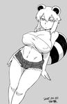  animal_ears araiguma-san breasts cleavage covered_nipples cowboy_shot cutoffs dated denim denim_shorts expressionless grey_background greyscale large_breasts midriff monochrome navel original raccoon_ears raccoon_tail short_hair short_shorts shorts signature solo strapless tail taut_clothes thigh_gap tsukudani_(coke-buta) tubetop 