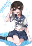  brown_eyes brown_hair crop_top crop_top_overhang fubuki_(kantai_collection) highres kantai_collection looking_at_viewer midriff navel open_mouth pleated_skirt salute school_uniform serafuku short_hair sitting skirt smile solo takeshima_(nia) yokozuwari 