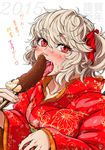  alternate_costume blonde_hair bow chocolate_banana flandre_scarlet floral_print hair_bow happy_new_year highres imizu_(nitro_unknown) japanese_clothes kimono licking md5_mismatch new_year open_mouth red_eyes saliva sexually_suggestive side_ponytail solo tongue tongue_out touhou translated upper_body 