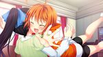  1girl chuablesoft curtains eyes_closed fang game_cg happy highres kunai_uri namanie noblesse_of_rouge open_mouth orange_hair short_hair tani_an 