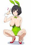  animal_ears bakemonogatari black_hair blush breasts bunny_ears bunnysuit detached_collar fishnet_pantyhose fishnets hanekawa_tsubasa ichihisa looking_at_viewer medium_breasts monogatari_(series) nipple_bar nipple_piercing nipples pantyhose piercing purple_eyes short_hair solo wrist_cuffs 