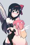 age_regression akemi_homura akuma_homura bare_shoulders black_dress black_gloves black_hair blush bow choker dress elbow_gloves feathered_wings frown gloves grey_background hair_bow hair_ribbon hairband height_difference holding hug kaname_madoka long_hair magical_girl mahou_shoujo_madoka_magica mahou_shoujo_madoka_magica_movie momoko_(palemon) multiple_girls pink_hair red_hairband ribbon simple_background two_side_up ultimate_madoka wavy_mouth wings younger 