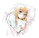  bed blanket blonde_hair eyebrows long_hair long_sleeves lying mune on_side open_mouth pajamas perrine_h_clostermann pillow simple_background solo strike_witches stuffed_animal stuffed_cat stuffed_toy white_background world_witches_series yellow_eyes 