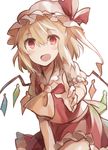  :d ascot blonde_hair blush flandre_scarlet happy looking_at_viewer open_mouth reaching_out red_eyes side_ponytail skirt skirt_set smile solo tare_(tonikaku_magaru) touhou vest wings 