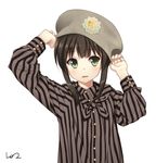  akai_ronii alternate_costume black_hair blush casual fubuki_(kantai_collection) green_eyes hat kantai_collection long_sleeves looking_at_viewer parted_lips shirt short_hair simple_background solo striped striped_shirt upper_body white_background 