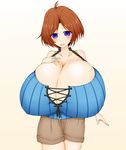  1girl amai0amai anmaianmai blush breasts brown_hair cleavage female gigantic_breasts hand_on_own_chest kurasaki_minato open_mouth purple_eyes short_hair skindentation smile solo standing 