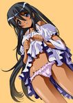  bangs black_hair blue_eyes cameltoe captain_earth dark_skin dress dress_lift frilled_panties frills highres long_hair mutou_hana navel orange_background panties senomoto_hisashi sketch solo sundress underwear very_long_hair 