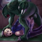  1girl bestiality blonde_hair blue_eyes blush bodysuit boots breast_press breasts censored deep_rising hand_on_head highres jill_valentine large_breasts legs looking_back monster no_bra no_panties open_clothes open_mouth penis pussy rape resident_evil saliva sex short_hair sweat tears testicles thighs thor_(deep_rising) top-down_bottom-up torn_clothes vaginal 